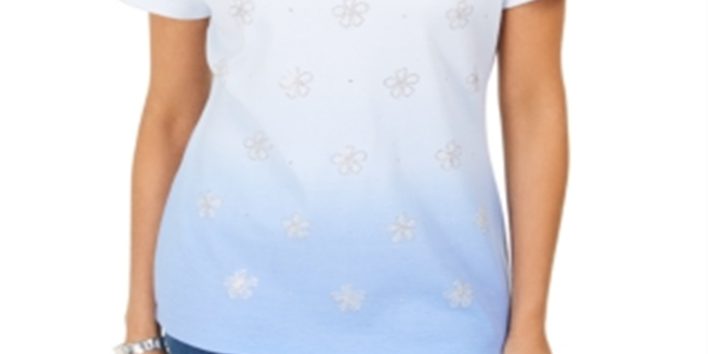 Camiseta feminina Karen Scott com decote em V e estampa Ombré, azul, tamanho XXG