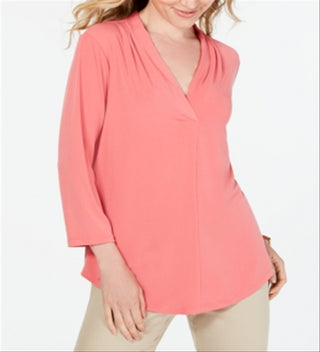 Top feminino Charter Club com decote plissado e manga 3/4, rosa, tamanho pequeno médio