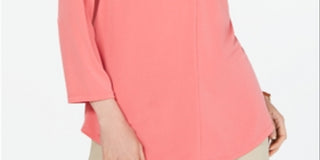 Top feminino Charter Club com decote plissado e manga 3/4, rosa, tamanho pequeno médio