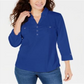 Camisa utilitária feminina Karen Scott de algodão com gola Johnny, azul, tamanho grande