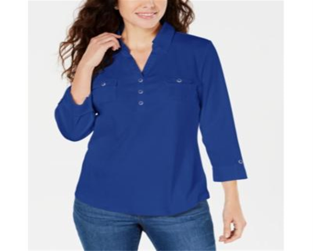 Camisa utilitária feminina Karen Scott de algodão com gola Johnny, azul, tamanho grande