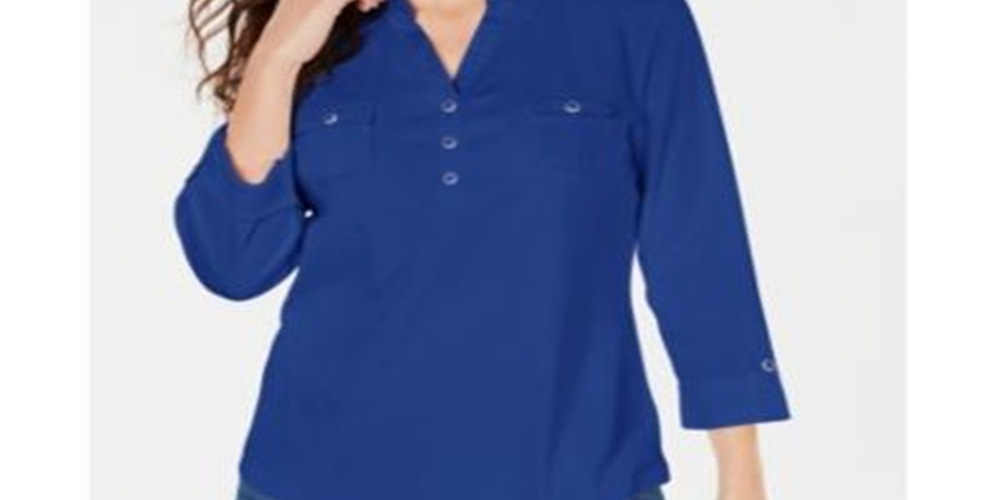 Camisa utilitária feminina Karen Scott de algodão com gola Johnny, azul, tamanho grande
