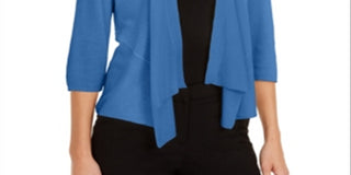 Cardigan feminino Alfani com manga 3/4 aberta, azul, tamanho pequeno