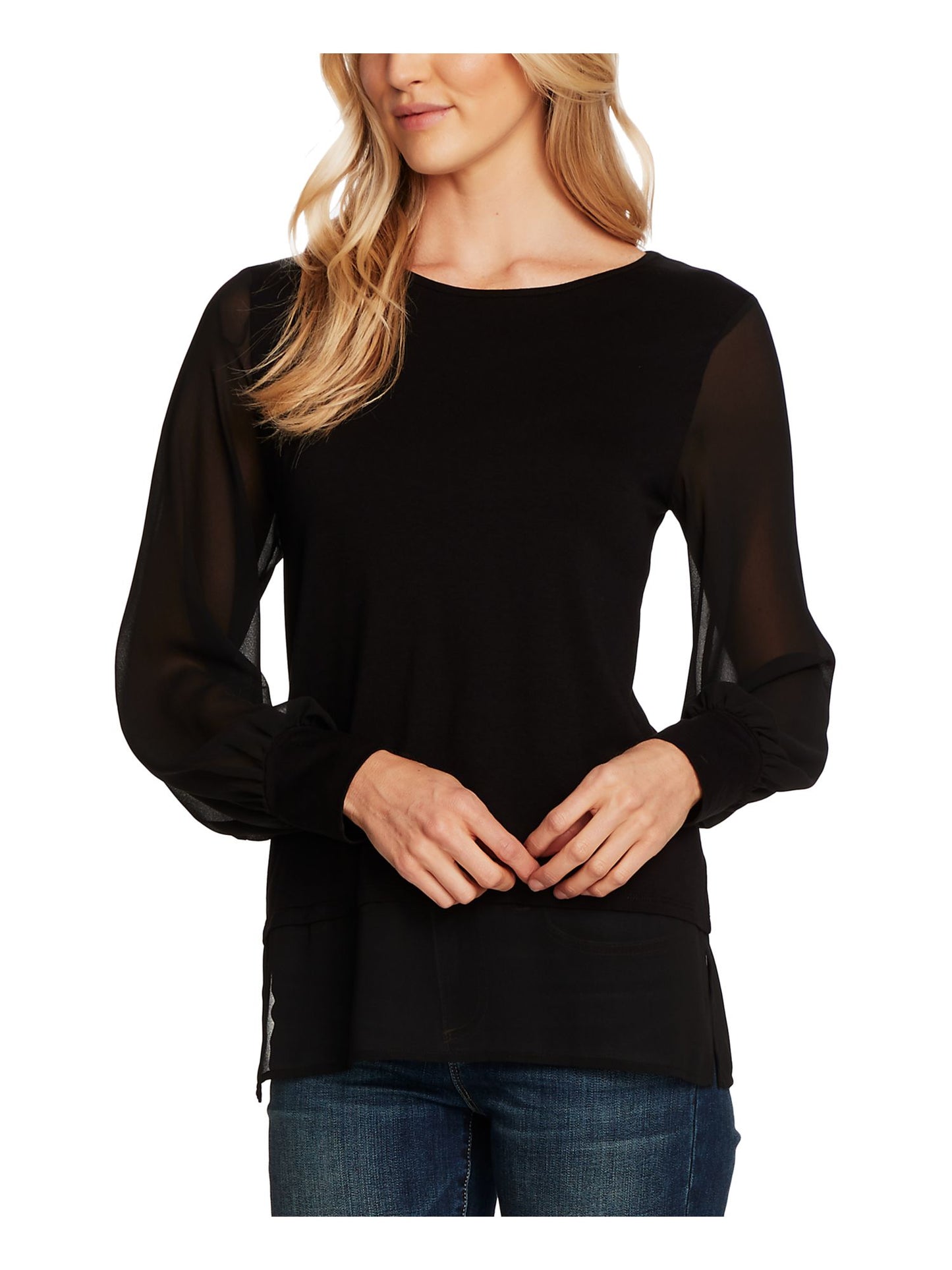 Vince Camuto Blusa feminina de manga comprida com decote em joia, preta, tamanho médio