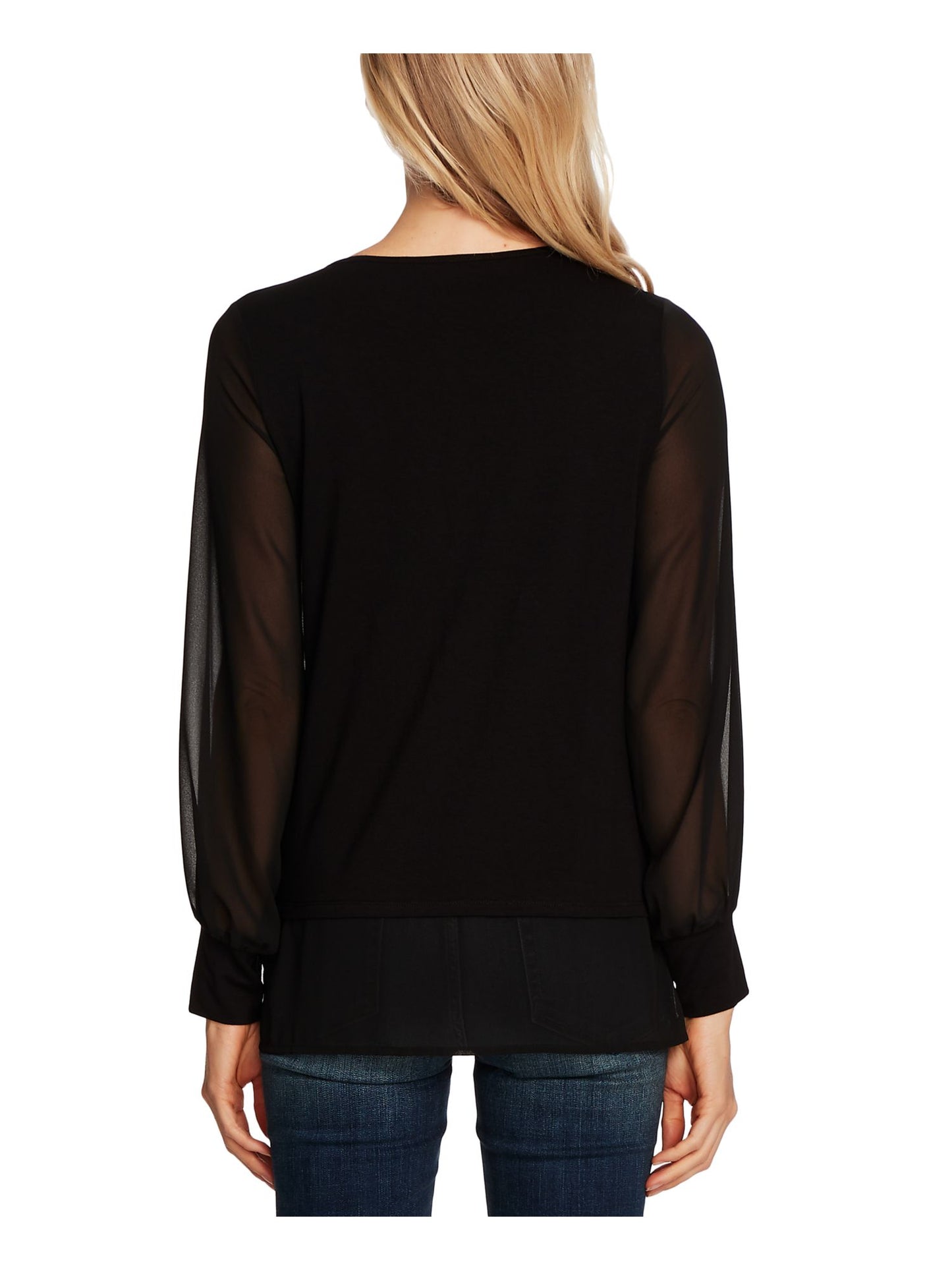 Vince Camuto Blusa feminina de manga comprida com decote em joia, preta, tamanho médio