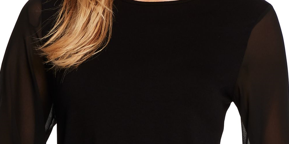 Vince Camuto Blusa feminina de manga comprida com decote em joia, preta, tamanho médio