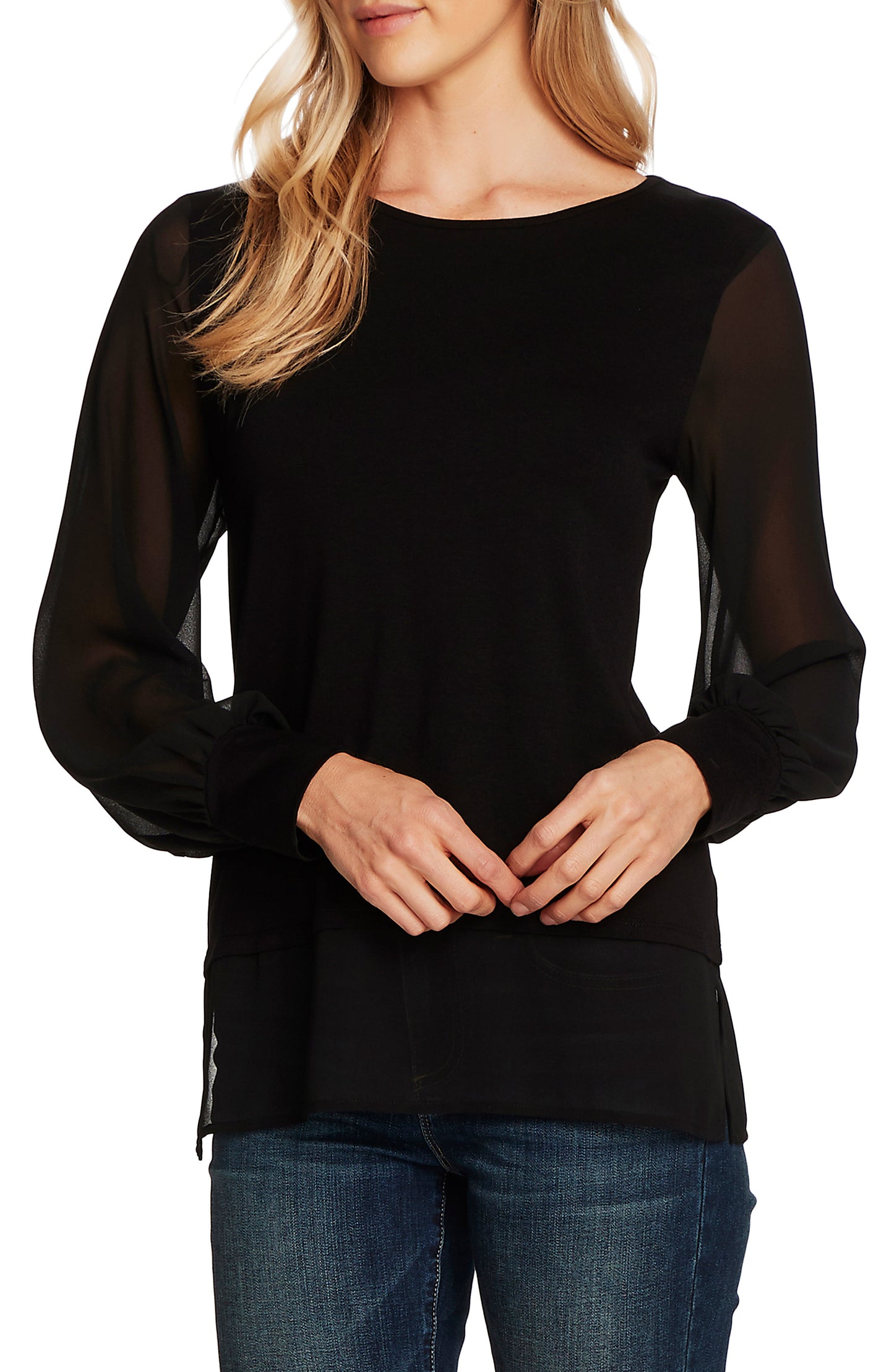 Vince Camuto Blusa feminina de manga comprida com decote em joia, preta, tamanho médio