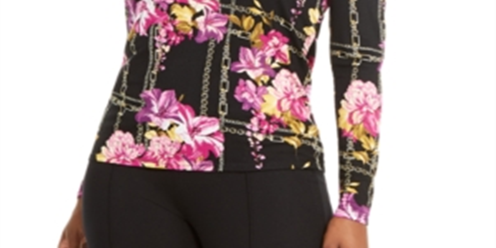 Thalia Sodi Top assimétrico estampado com elos de corrente feminino, preto, tamanho médio