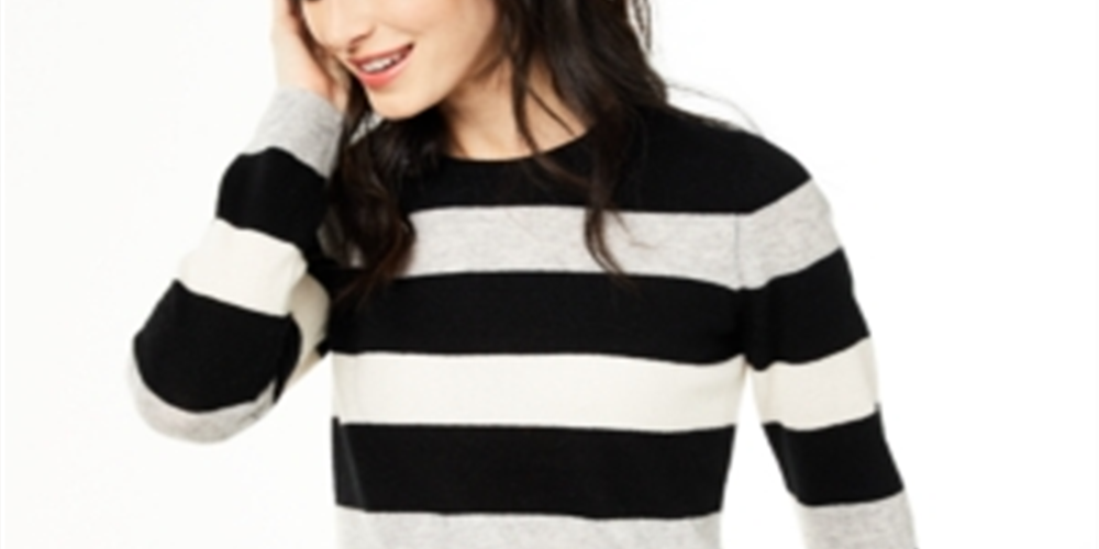 Suéter de cashmere listrado feminino Charter Club, preto, tamanho X-S