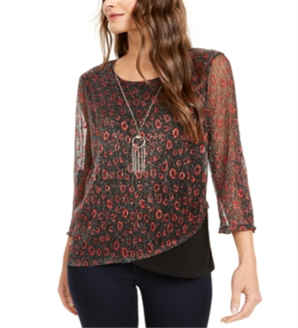 NY Collection Feminino Metálico Assimétrico Bainha Colar Top Vermelho Tamanho Pequeno Pequeno