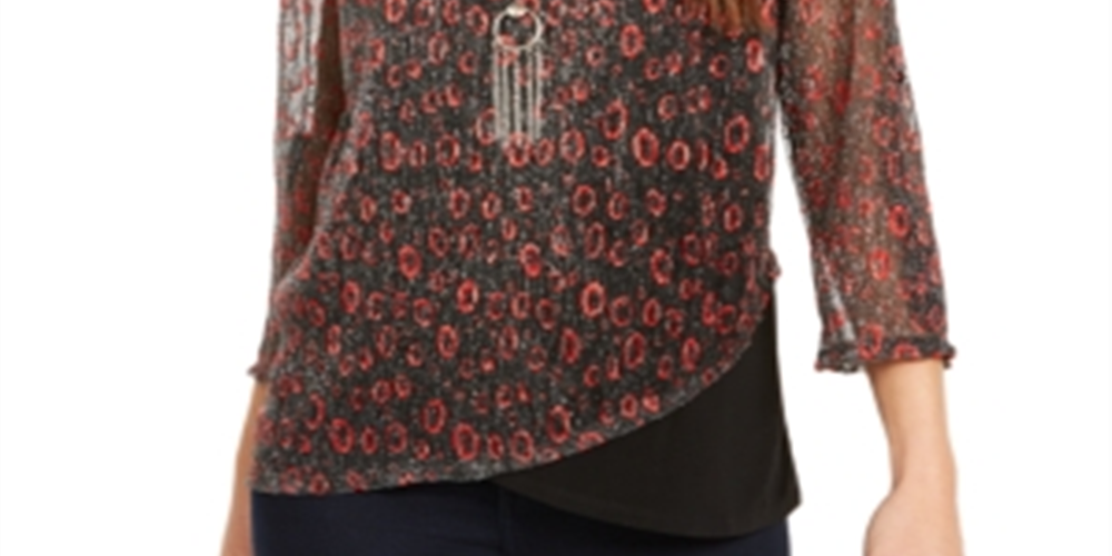 NY Collection Feminino Metálico Assimétrico Bainha Colar Top Vermelho Tamanho Pequeno Pequeno