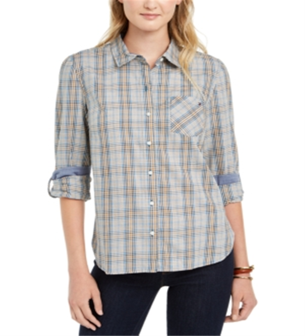 Camisa utilitária xadrez feminina Tommy Hilfiger, azul, tamanho XS
