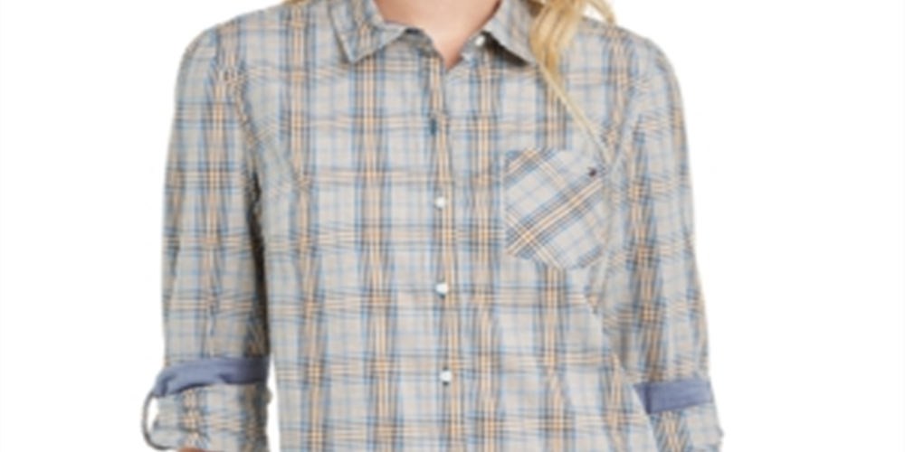 Camisa utilitária xadrez feminina Tommy Hilfiger, azul, tamanho XS
