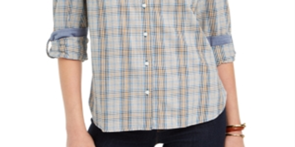 Camisa utilitária xadrez feminina Tommy Hilfiger, azul, tamanho XS