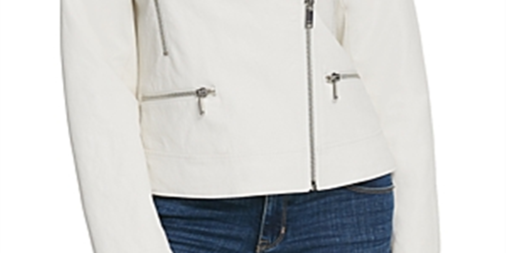 Jaqueta de couro sintético feminina DKNY para motociclista, branca, tamanho médio