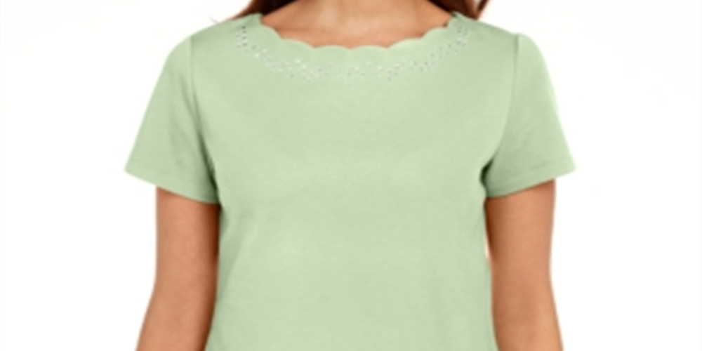 Camiseta feminina Karen Scott de algodão com gola recortada, verde, tamanho médio