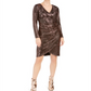 Vestido de coquetel feminino Nightway com lantejoulas, manga comprida, decote em V, comprimento até o joelho, tulipa, marrom, tamanho 4