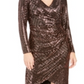 Vestido de coquetel feminino Nightway com lantejoulas, manga comprida, decote em V, comprimento até o joelho, tulipa, marrom, tamanho 4