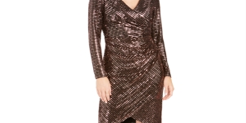 Vestido de coquetel feminino Nightway com lantejoulas, manga comprida, decote em V, comprimento até o joelho, tulipa, marrom, tamanho 4
