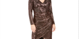 Vestido de coquetel feminino Nightway com lantejoulas, manga comprida, decote em V, comprimento até o joelho, tulipa, marrom, tamanho 4