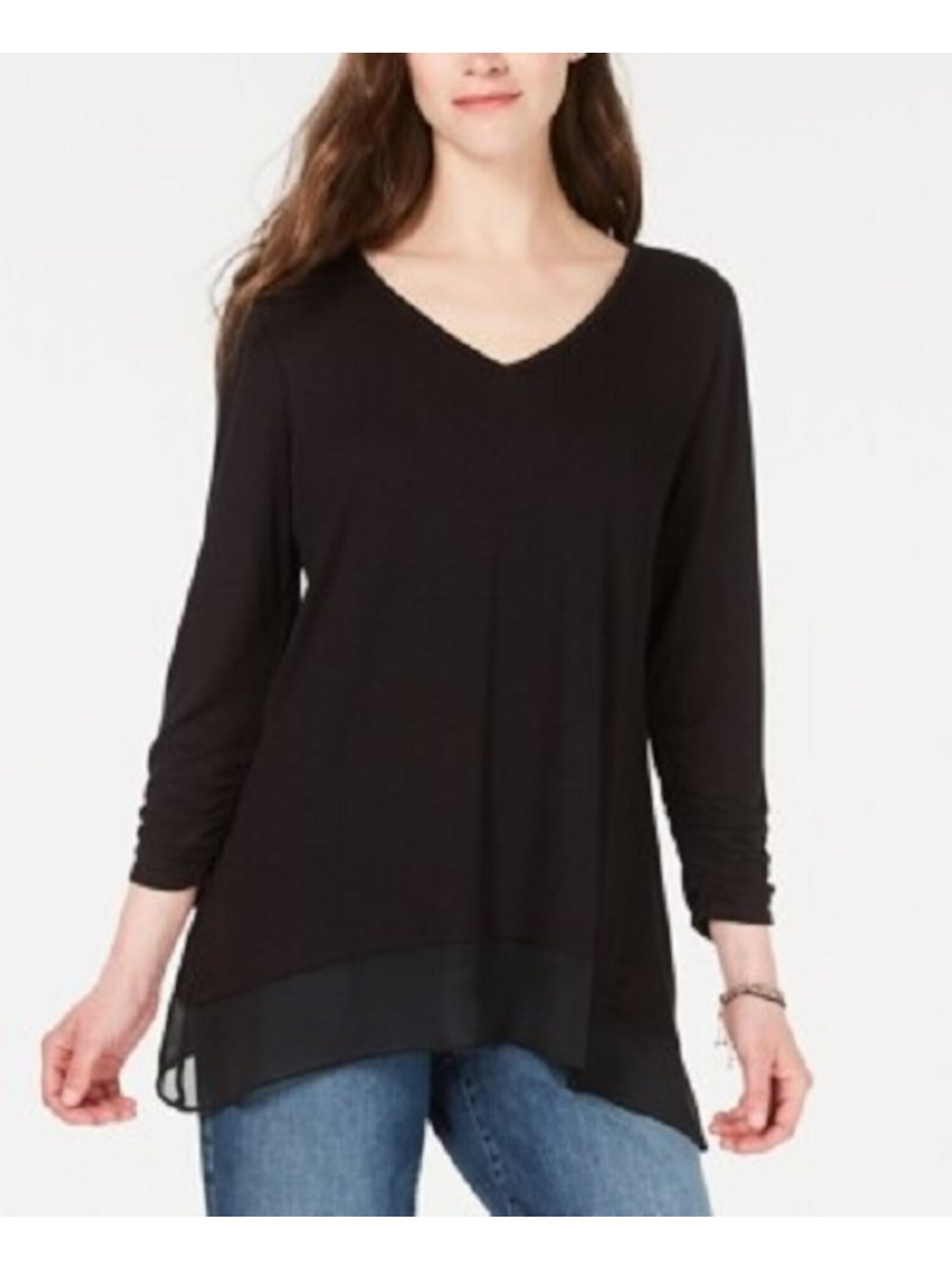 Blusa feminina de manga comprida com decote em V, preta, tamanho pequeno, da Style &amp; Co