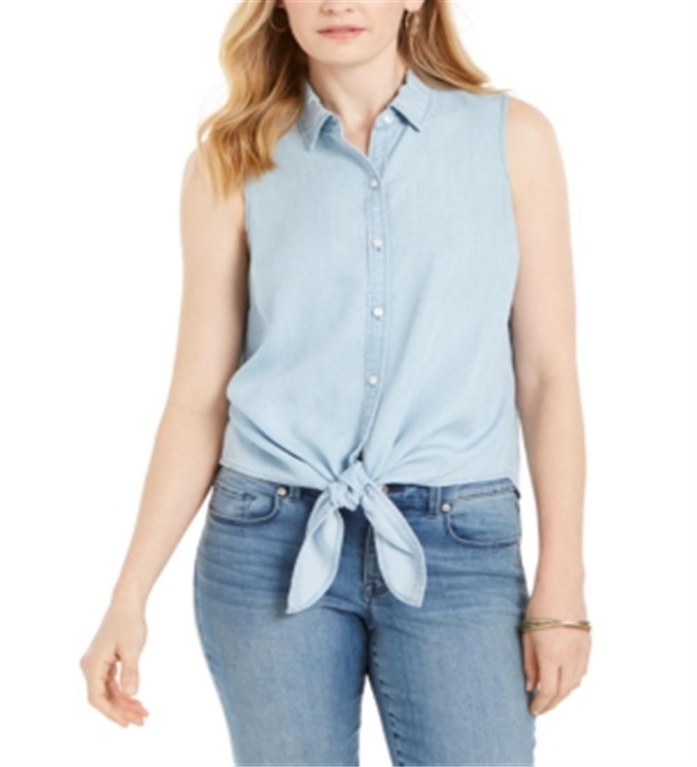 Camisa feminina sem mangas Charter Club de algodão com bainha amarrada, azul, tamanho 10