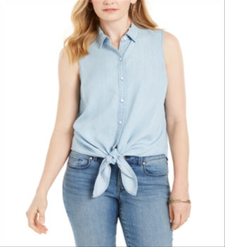 Camisa feminina sem mangas Charter Club de algodão com bainha amarrada, azul, tamanho 10