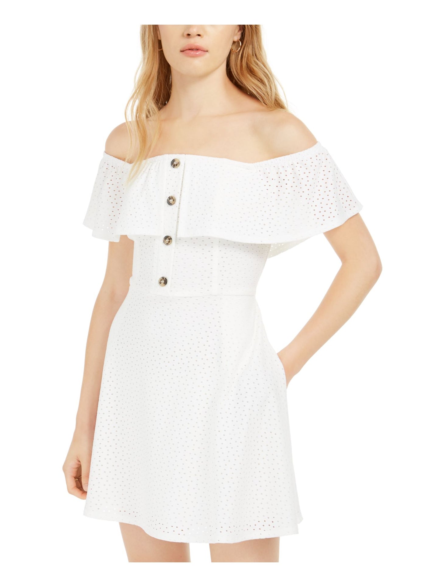 Vestido mini flare com bolsos e manga curta, ombro de fora, branco, tamanho X-S