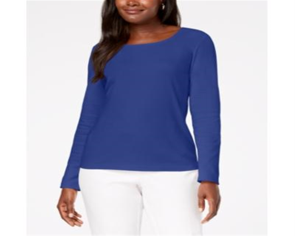 Blusa feminina Karen Scott de algodão com decote redondo, azul, tamanho médio