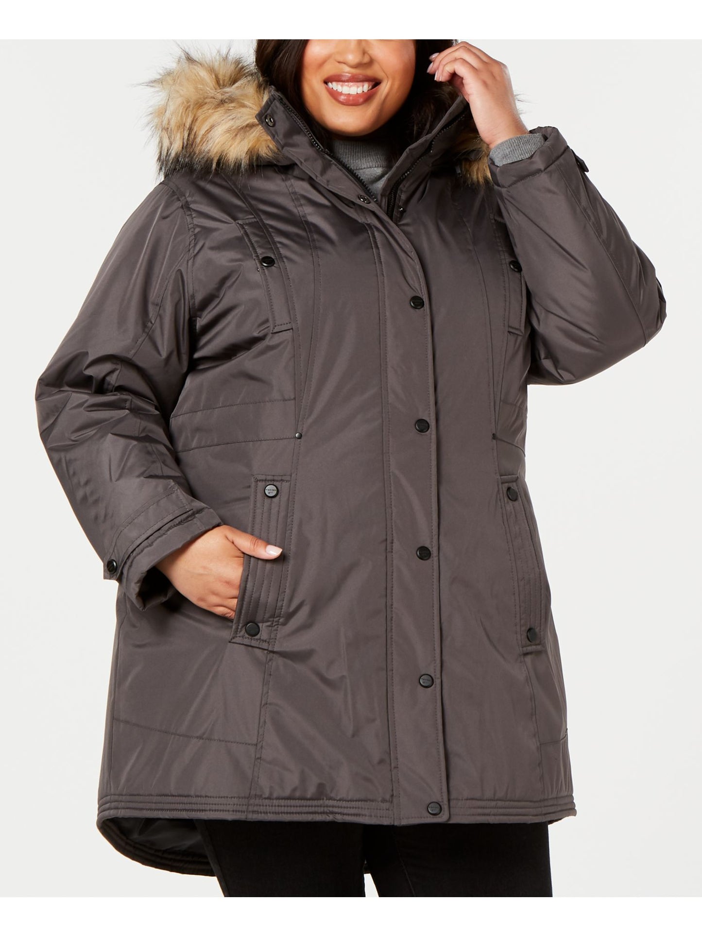 Madden Girl Parka feminina de pele sintética com bolsos, capuz e zíper, casaco de inverno cinza, tamanho 1X