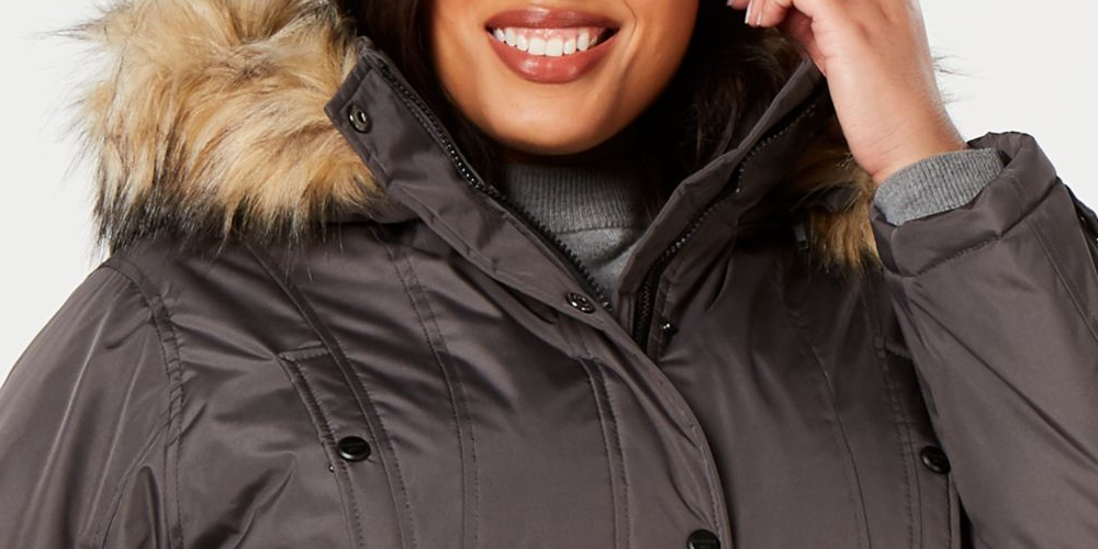 Madden Girl Parka feminina de pele sintética com bolsos, capuz e zíper, casaco de inverno cinza, tamanho 1X