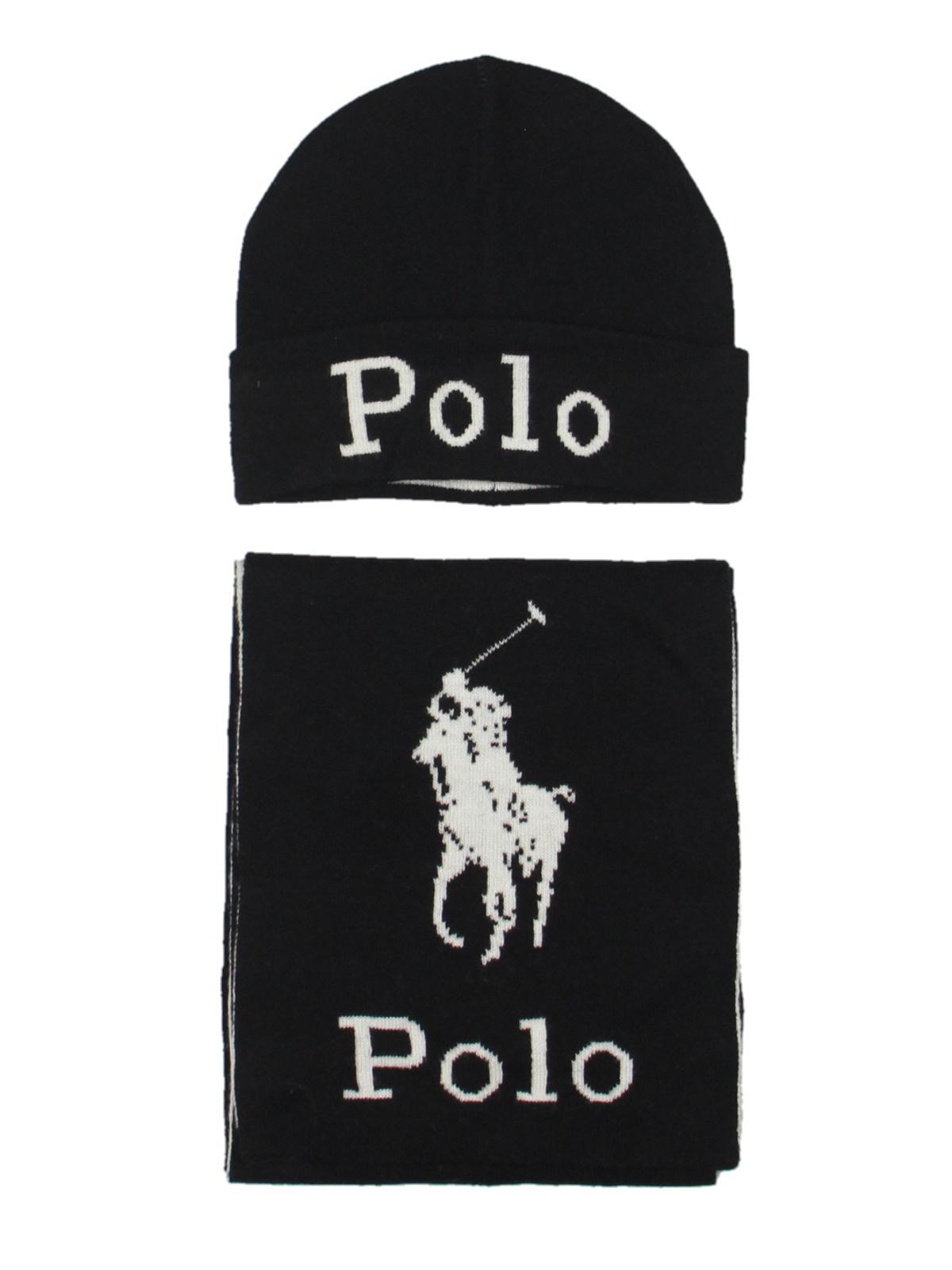 Conjunto de gorro e cachecol de inverno Ralph Lauren masculino, preto, tamanho regular