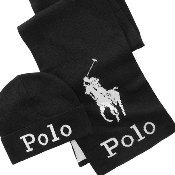 Conjunto de gorro e cachecol de inverno Ralph Lauren masculino, preto, tamanho regular