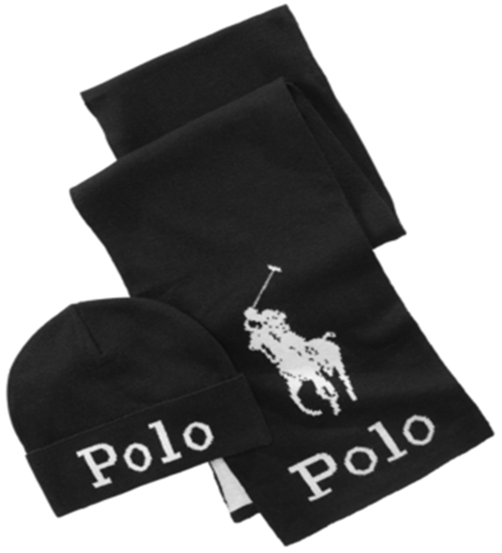 Conjunto de gorro e cachecol de inverno Ralph Lauren masculino, preto, tamanho regular