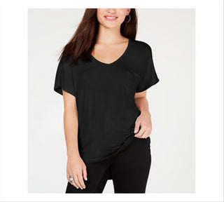 Hippoe Rose Women's Pocket at Front Short Sleeve V Neck T-Shirt Juniors Black Size S