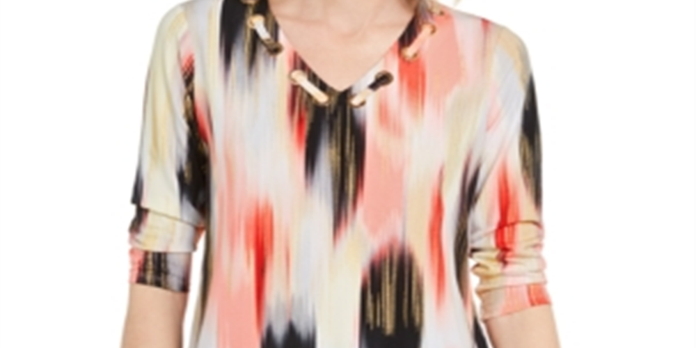 JM Collection Top feminino estampado com decote em ilhós, vermelho, tamanho X-S