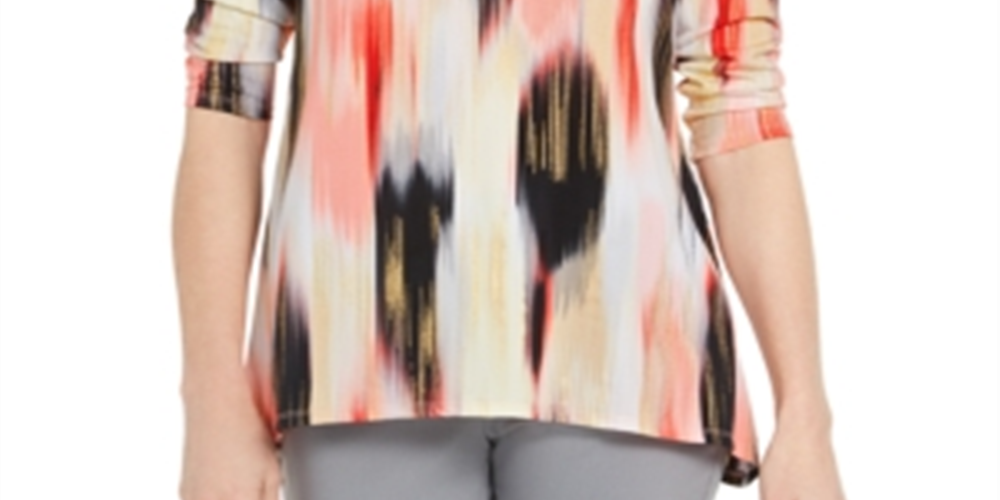 JM Collection Top feminino estampado com decote em ilhós, vermelho, tamanho X-S