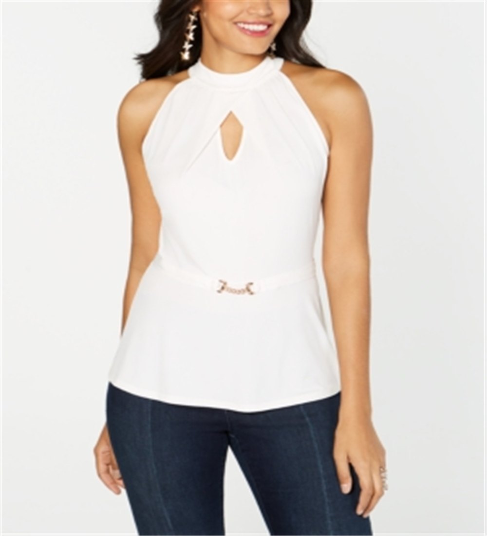 Blusa feminina Thalia Sodi com decote redondo e manga curta, branca, tamanho X-S