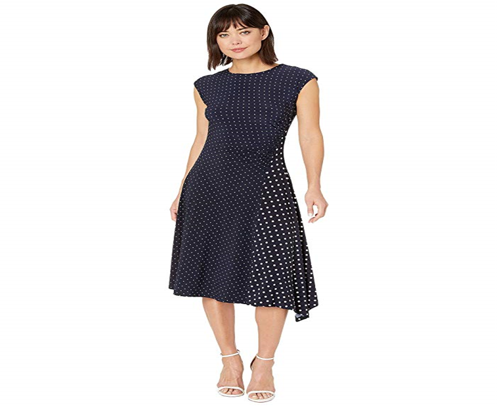 Vestido de malha elástica com bolinhas Ralph Lauren feminino, azul, tamanho extragrande