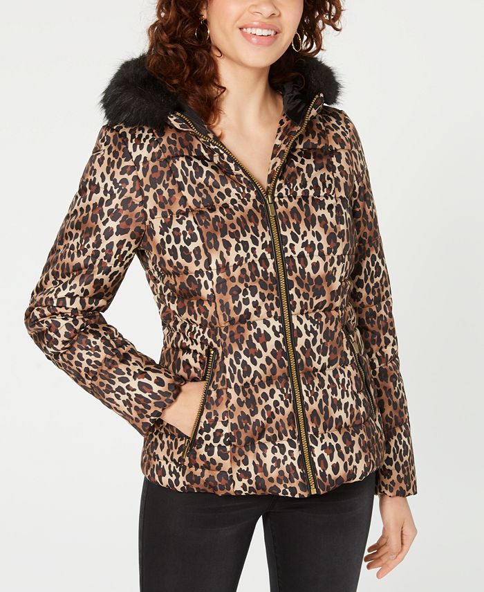 Casaco infantil rosa com estampa de leopardo e capuz com acabamento em pele sintética, marrom, tamanho XX-G