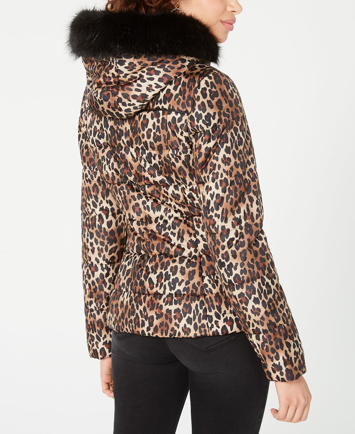 Casaco infantil rosa com estampa de leopardo e capuz com acabamento em pele sintética, marrom, tamanho XX-G