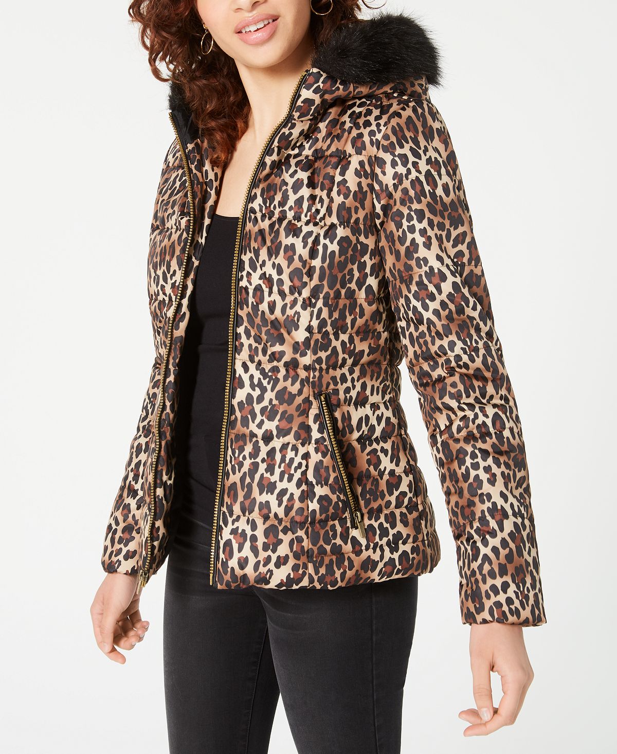Casaco infantil rosa com estampa de leopardo e capuz com acabamento em pele sintética, marrom, tamanho XX-G