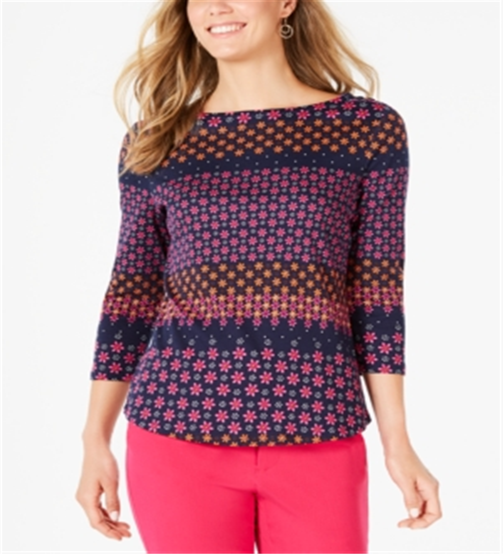 Charter Club Blusa de algodão estampada feminina com manga 3/4, azul, tamanho pequeno médio