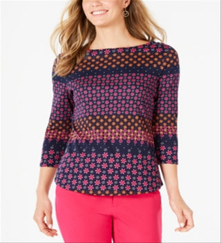 Charter Club Blusa de algodão estampada feminina com manga 3/4, azul, tamanho pequeno médio