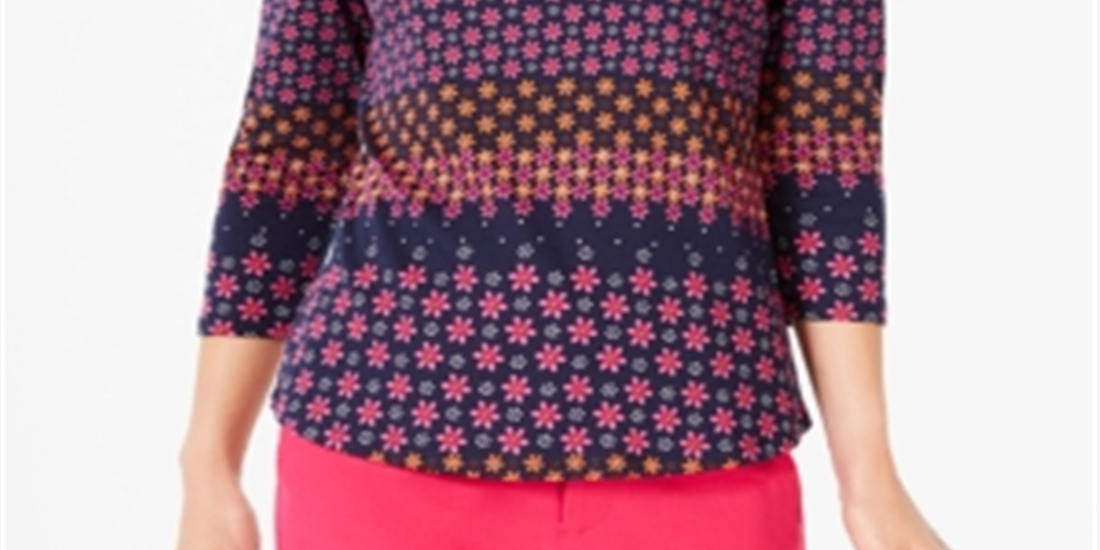 Charter Club Blusa de algodão estampada feminina com manga 3/4, azul, tamanho pequeno médio