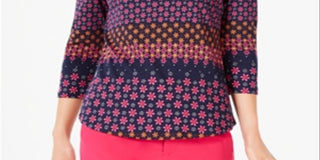 Charter Club Blusa de algodão estampada feminina com manga 3/4, azul, tamanho pequeno médio