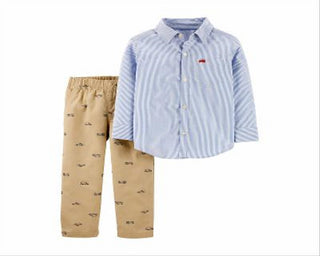 Conjunto Carter's Baby Boy 2 peças de blusa listrada de algodão com botões frontais e calças com estampa de veículos de heróis, azul, tamanho 3MOS