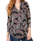 Camisa feminina plissada de malha paisley com decote em V, preta, vários tamanhos P