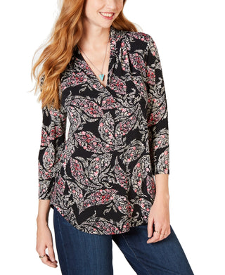 Camisa feminina plissada de malha paisley com decote em V, preta, vários tamanhos P