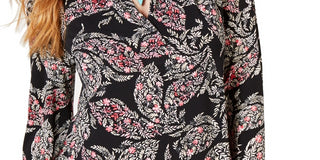 Camisa feminina plissada de malha paisley com decote em V, preta, vários tamanhos P